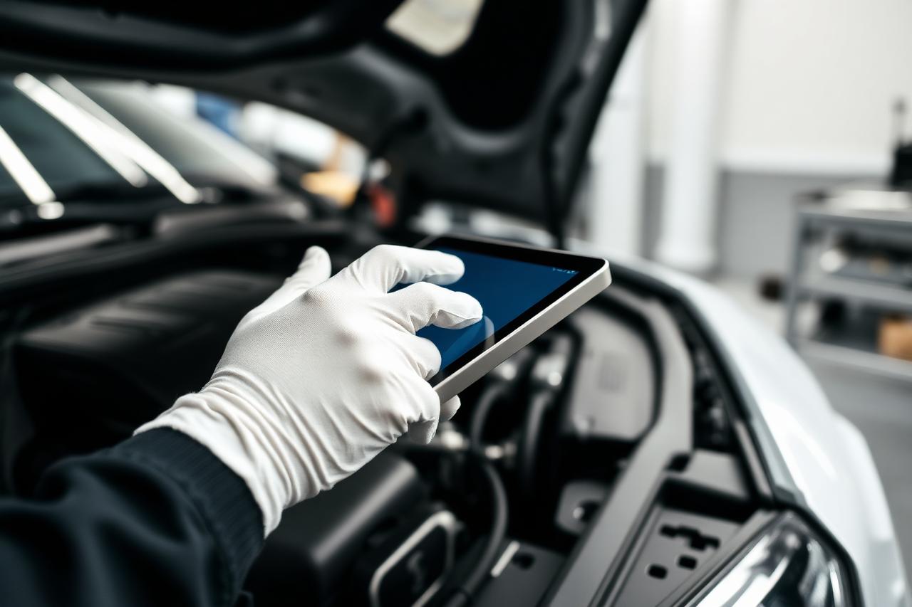 Technician running computer diagnostics on a luxury vehicle