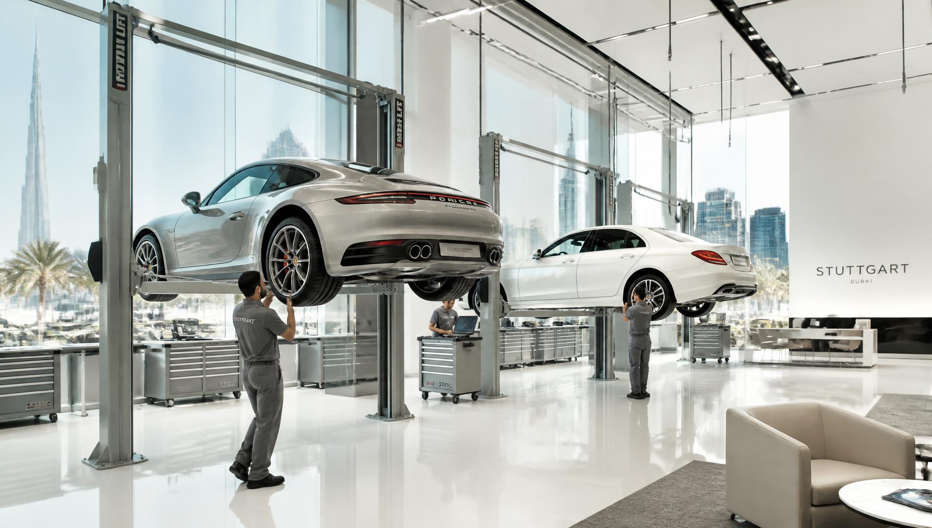 Luxury cars on lifts inside the bright AutoElite UAE workshop in Dubai